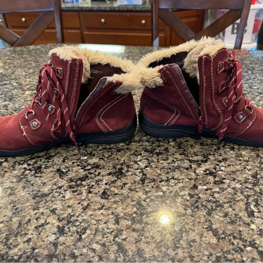 Earth Origins Leather Fur Ankle Boots Suede Burgundy 11 Comfort Walking Gorpcore - Picture 8 of 14